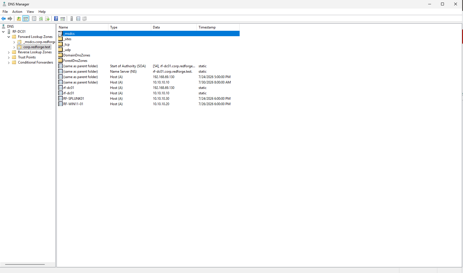 DNS Manager showing directory-integrated records for the RedForge test domain