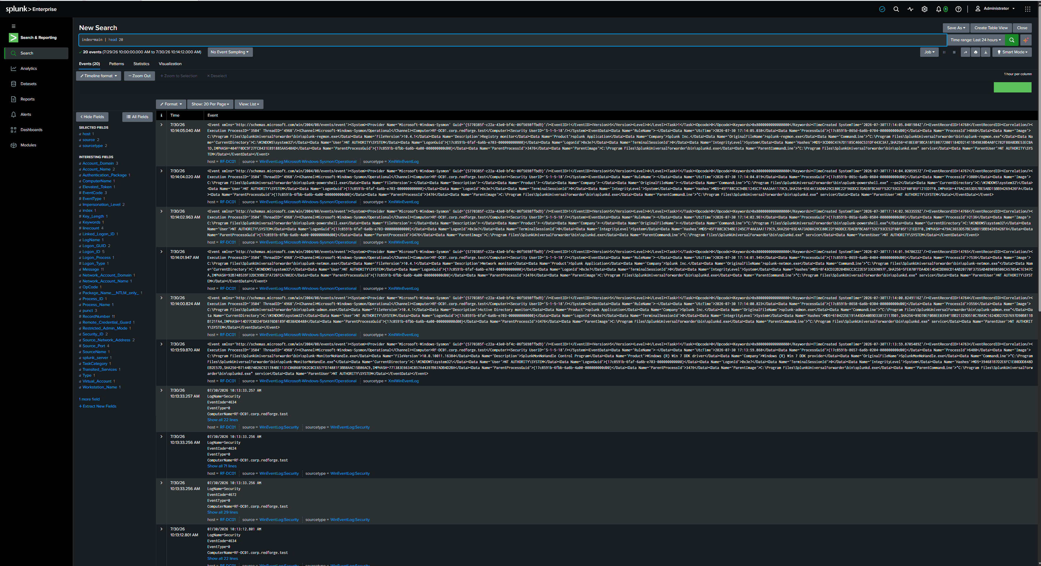 Splunk Search and Reporting showing indexed Windows and Sysmon events from RF-DC01